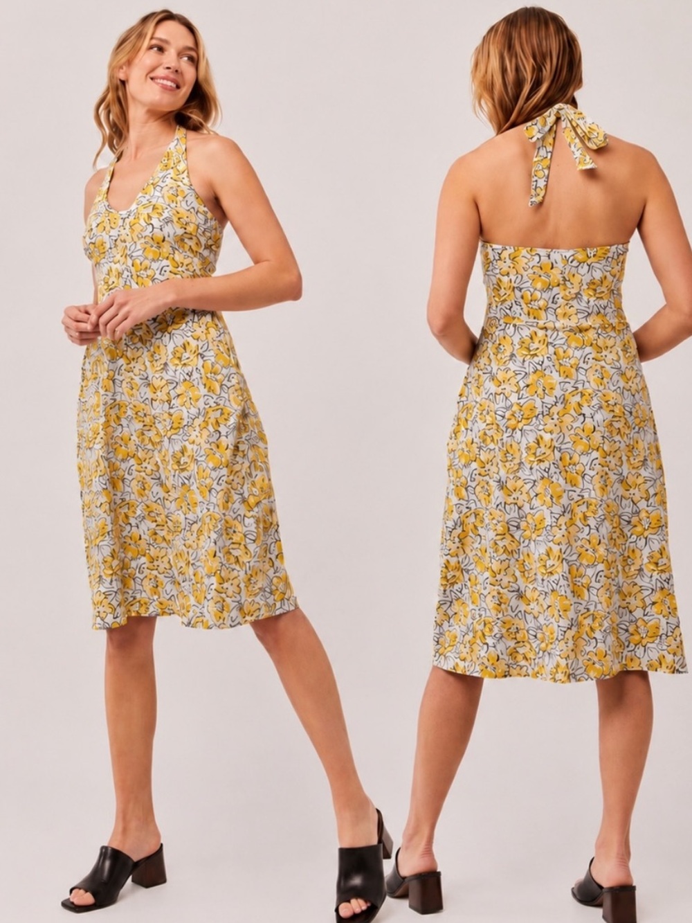 Pact Yellow & White Floral Halter Midi Dress w built-in shelf bra - Picture 4 of 7